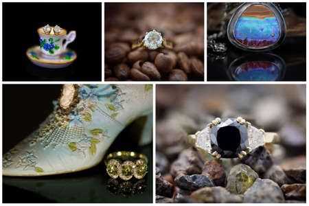 Collage of jewelry including diamond earrings, one carat diamond ring, opal pendant, green sapphire ring and a black diamond ringの写真素材