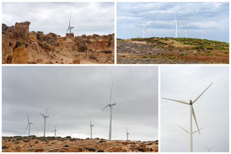 Collage of wind turbines on the coast of Victoria Australia in an area known for its petrified...