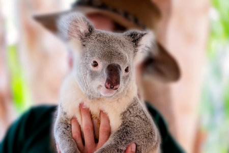Close up of a cute and cuddly tame Australian koala bear being heldの写真素材