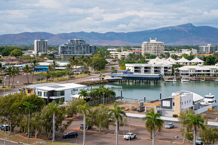 Townsville, Queensland, Australia - December 2020: Looking down onto a car park in front of buildings on the banks of the river and in the cityのeditorial素材