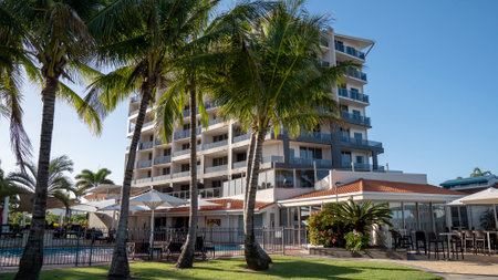 Mackay, Queensland, Australia - January 2021: Mantra Hotel on the waterfront at Mackay marina with pool and outdoor diningのeditorial素材