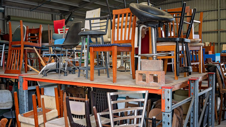 Mackay, Queensland, Australia - January 2021: Assorted chairs for sale at the local tip shop