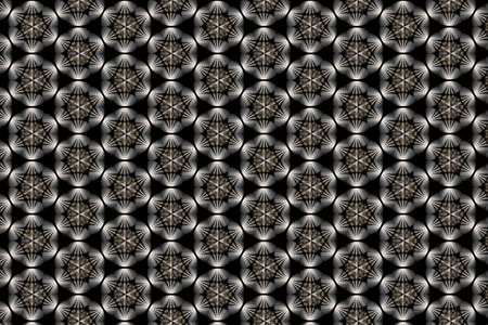 A geometric pattern in black white and bronze in circular shapes on a black background