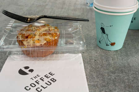 Brisbane, Queensland, Australia - March 2021: Muffin and coffee at popular cafeのeditorial素材