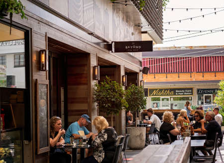 Brisbane, Queensland, Australia - March 2021: People enjoying lunch at a street cafe in the cityのeditorial素材