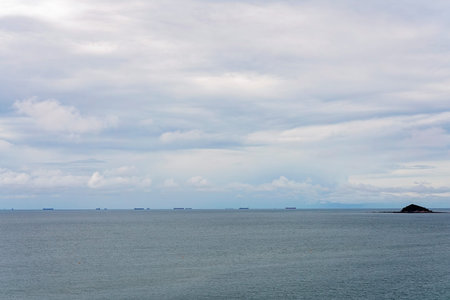 Container ships at anchor on the horizon waiting to load coal from export terminal