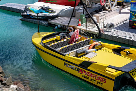 Airlie Beach, Queensland, Australia - April 2021: An empty jet boat at marina pontoon waiting for passengersのeditorial素材