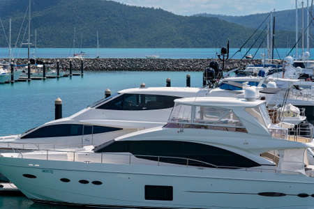 Airlie Beach, Queensland, Australia - April 2021: Luxury yachts moored at Coral Sea Marinaのeditorial素材