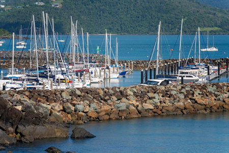 Airlie Beach, Queensland, Australia - April 2021: Nautical vessels berthed in the sheltered Coral Sea marinaのeditorial素材