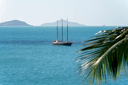Airlie Beach, Queensland, Australia - April 2021: Yacht sailing in the clear blue ocean with a blurred palm tree leaf in the foreground to denote the tropical surroundsのeditorial素材