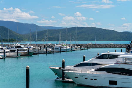 Airlie Beach, Queensland, Australia - April 2021: Close up of luxury yachts at Coral Sea Marinaのeditorial素材