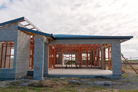 Mackay, Queensland, Australia - May 2021: A house being constructed from concrete blocks on suburban...