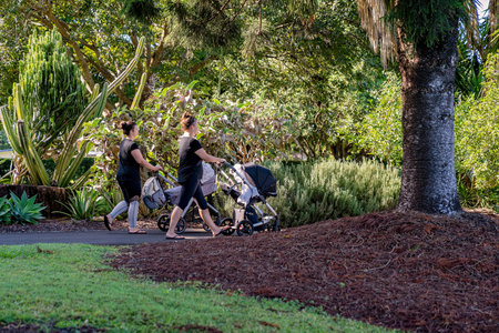 Mackay, Queensland, Australia - June 2021: Two mothers push their babies in prams as they exercise...