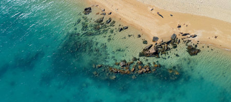 Rocks on the shoreline and underwater in a sparkling blue ocean at low tide on a tropical sandy...