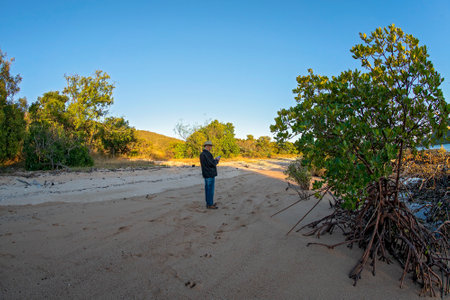 Cape Gloucester, Queensland, Australia - June 2021: Man working the controls of his drone as he photographs sunrise on a secluded beach, fish eye lensのeditorial素材