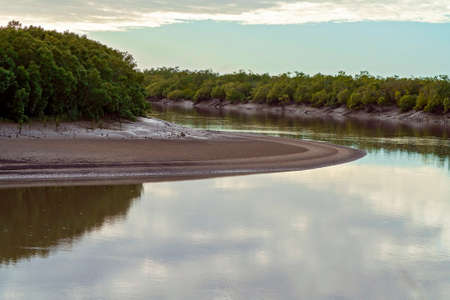 Low tide in a country creek showing the mud banks and water reflectionsの写真素材
