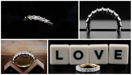 Collage of a circle of diamonds eternity ring showing love, dark backgroundの写真素材