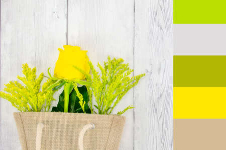 Yellow rose and foliage in a hessian shopping bag flat lay on timber background with color themeの写真素材