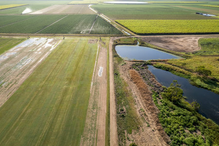 Aerial landscape by drone of a tree lined lagoon wildlife reserve surrounded by sugarcane fields