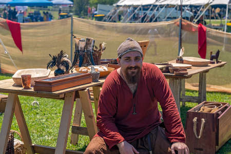Eungella, Queensland, Australia - October 2021: A bearded man with cap dressed in medieval viking costume at a re-enactment fairのeditorial素材