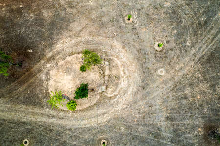 Top down view onto a textured grungy dirt landscape dotted with treesの写真素材