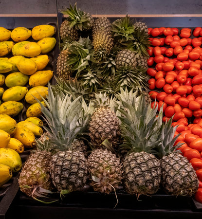 Tomatoes pineapples and pawpaws for sale at market with mirror reflectionsの写真素材