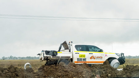 Townsville to Mackay highway, Queensland, Australia - November 2021:: A roadworks truck parked up...