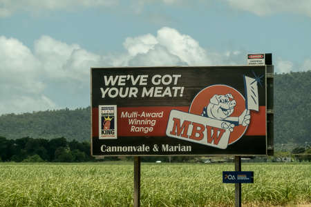 Bruce Highway Townsville to Mackay, Queensland, Australia - November 2021: Butcher shop advertising billboard with drawing of a pigのeditorial素材