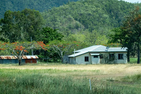 Bruce Highway, Townsville to Mackay, Queensland, Australia - November 2021: Country cottage amongst tall grass and mountain backgroundのeditorial素材