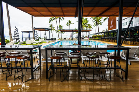 Airlie Beach, Queensland, Australia - January 2022: Coral Sea Resort Hotel on a wet and rainy...