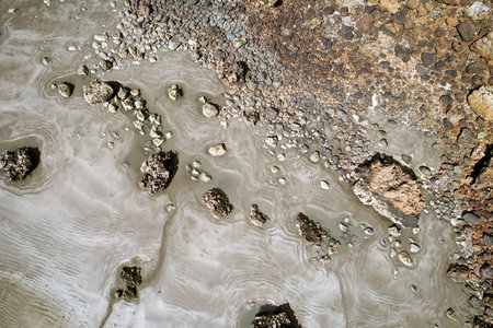 Top down view by drone of a rocky beach at low tide