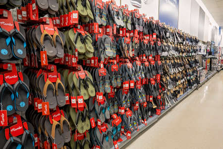 Mackay, Queensland, Australia - January 2022: Rows of thongs for sale in shopping center storeのeditorial素材