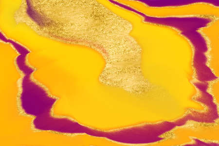 Fluid paint filled and edged with glowing metallic gold over purple and yellow. Trendy and luxurious design digital paper.の写真素材