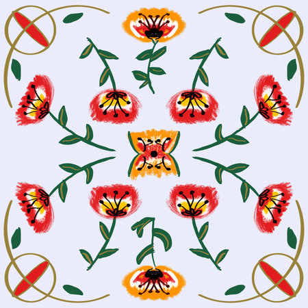 Floral tile hand painted circular design, colorful flowers on square white background.