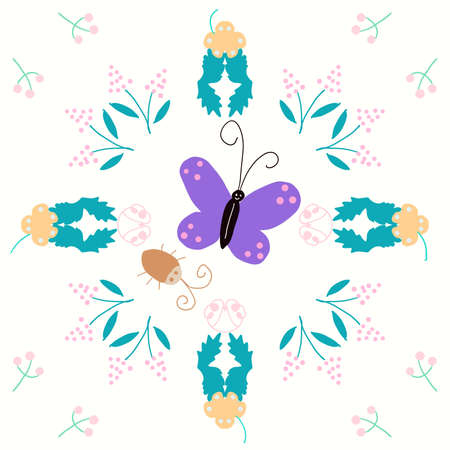 Butterfly and bug hand painted designed interspersed with sketched flowers on white backgroundの写真素材