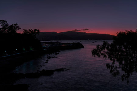 Sunset along a board walk at a marina with boats on the ocean and a tree in the foreground. Beautiful red color peeking over the mountains.の写真素材
