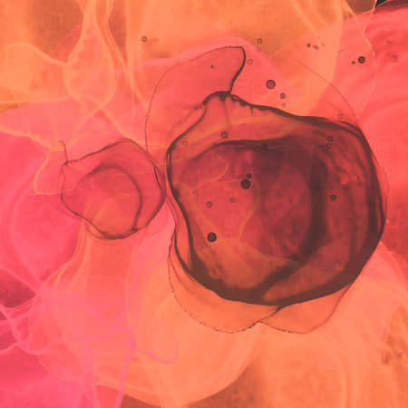 A square of lurid orange, pink and black, transparent colors, abstract fluid flow.の写真素材