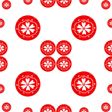 Red textured globes decorated with white petals on a white background. Seamless repeating pattern.の写真素材