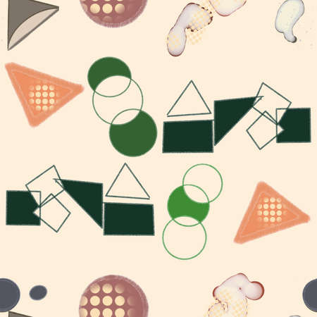 Geometric and abstract shapes together in a seamless repeating pattern. Colors of green and gold dominate, white background.の写真素材