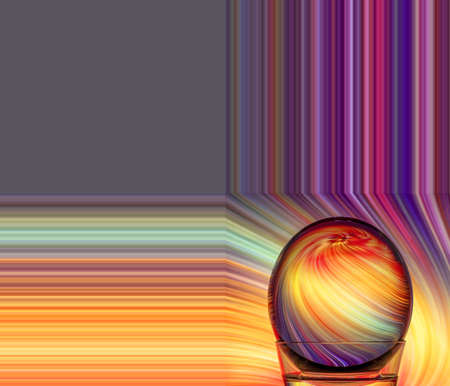 A glass globe reflecting its background incorporated into a repeat edge pattern design in purple and orange stripes and squares. Seamless surface pattern repeat.の写真素材