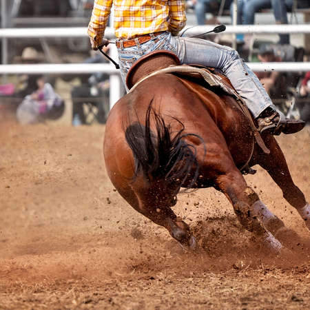 Rider competing in barrel race on horse at country rodeo Australiaの写真素材