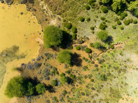 Drone aerial over water pond used for sapphire mining in central queensland gemfields Australia.の写真素材