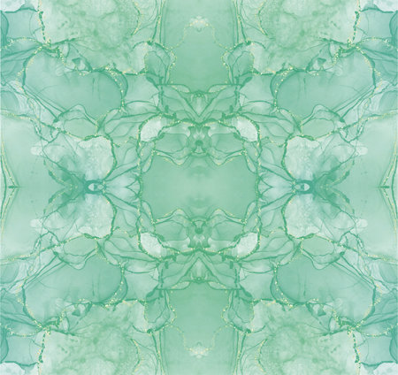 Seamless repeating hand painted watercolor in green edged with gold glitter.