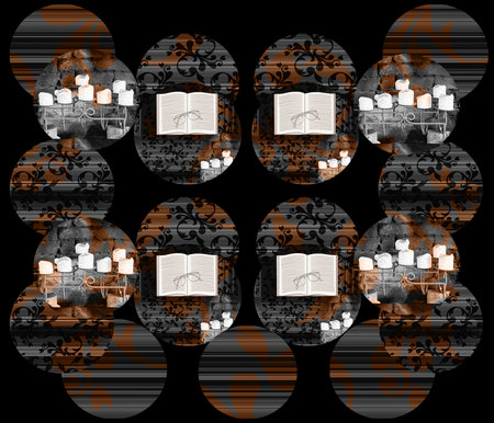 Book, glasses, candles and scrolls in circles. Seamless repeating pattern in brown and white.