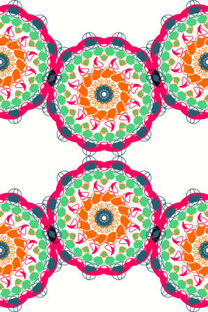 Colorful mandala wheels on white, seamless repeat pattern.の写真素材