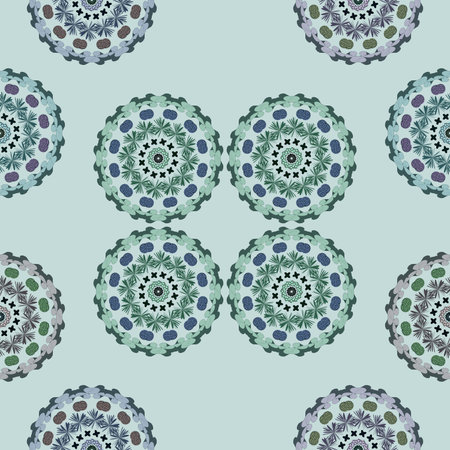 Monochrome repeating pattern of mandala circles, green on green, hand drawn.