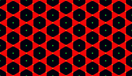 Seamless repeat pattern of shapes in red and black with green dots.