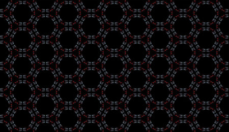 Seamless repeat pattern of dark circle shapes highlighted with touches of red.