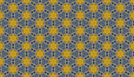 Seamless repeat pattern of yellow and blue circles and shapes.