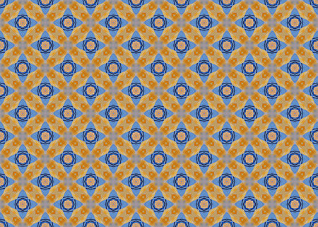 Seamless repeat pattern of pastel blue and orange shapes.